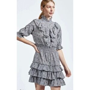 The Shirt Rochelle Behrens Striped Floral Ruffle Mini Dress Blue White Large NEW